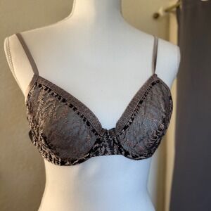 La Perla Black Metallic Bronze Lace Underwire Bra 36B Sheer Mesh Lingerie Luxury